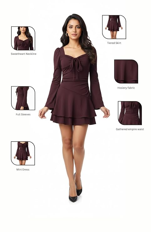 Women's Tiered Mini Dress with Sweetheart Neckline, Full Sleeves, Gathered Empire Waist, Hosiery Fabric