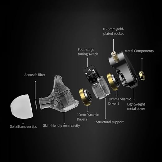 KZ Castor Pro IEM with HD Mic, Dual 10mm Dynamic Driver, Harman Target Improved Bass for Hi-Res Audio Quality, 4 Tuning Switch, Oxygen Free Copper Flat Cable, 0.78mm 2Pin & 3.5mm Plug Compatible