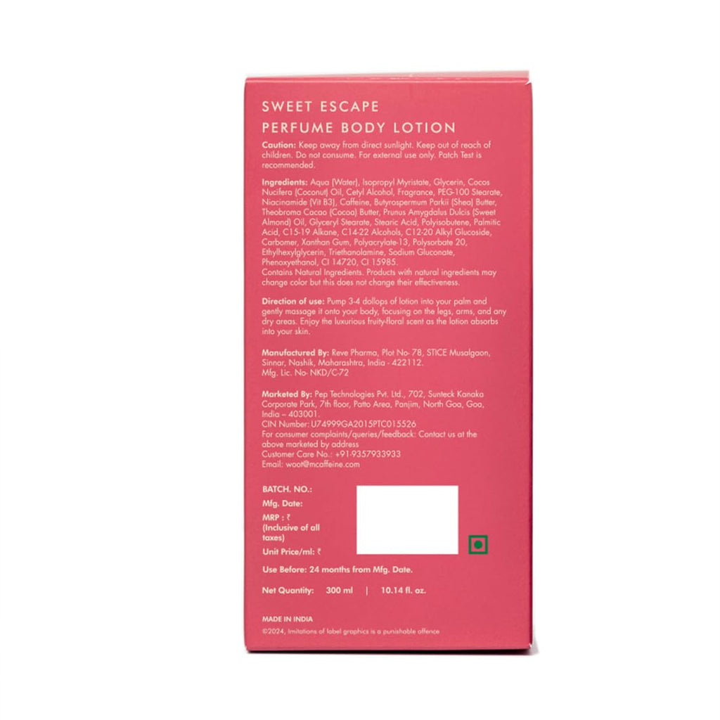 mCaffeine Sweet Escape Perfume Body Lotion, Niacinamide, Cocoa & Shea Butter, Deep Moisturization for Dry Skin, Lightweight, Non-Sticky & Daily Use, Fruity-Floral Fragrance, Unisex, 300ml
