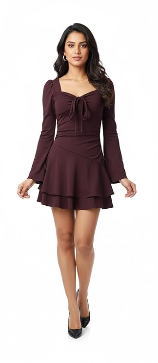 Women's Tiered Mini Dress with Sweetheart Neckline, Full Sleeves, Gathered Empire Waist, Hosiery Fabric