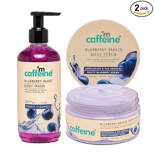 mCaffeine Blueberry Blast Detan & Cleanse Duo for Glowing Skin| Deep Cleanses, Exfoliates, Nourishes | Womens Day Gift Kit for Friends & Family Blueberry Body Wash - 300ml & Bluberry Scrub - 175 g | Fruity Blueberry Aroma for Men & Women
