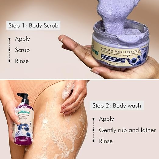mCaffeine Blueberry Blast Detan & Cleanse Duo for Glowing Skin| Deep Cleanses, Exfoliates, Nourishes | Womens Day Gift Kit for Friends & Family Blueberry Body Wash - 300ml & Bluberry Scrub - 175 g | Fruity Blueberry Aroma for Men & Women