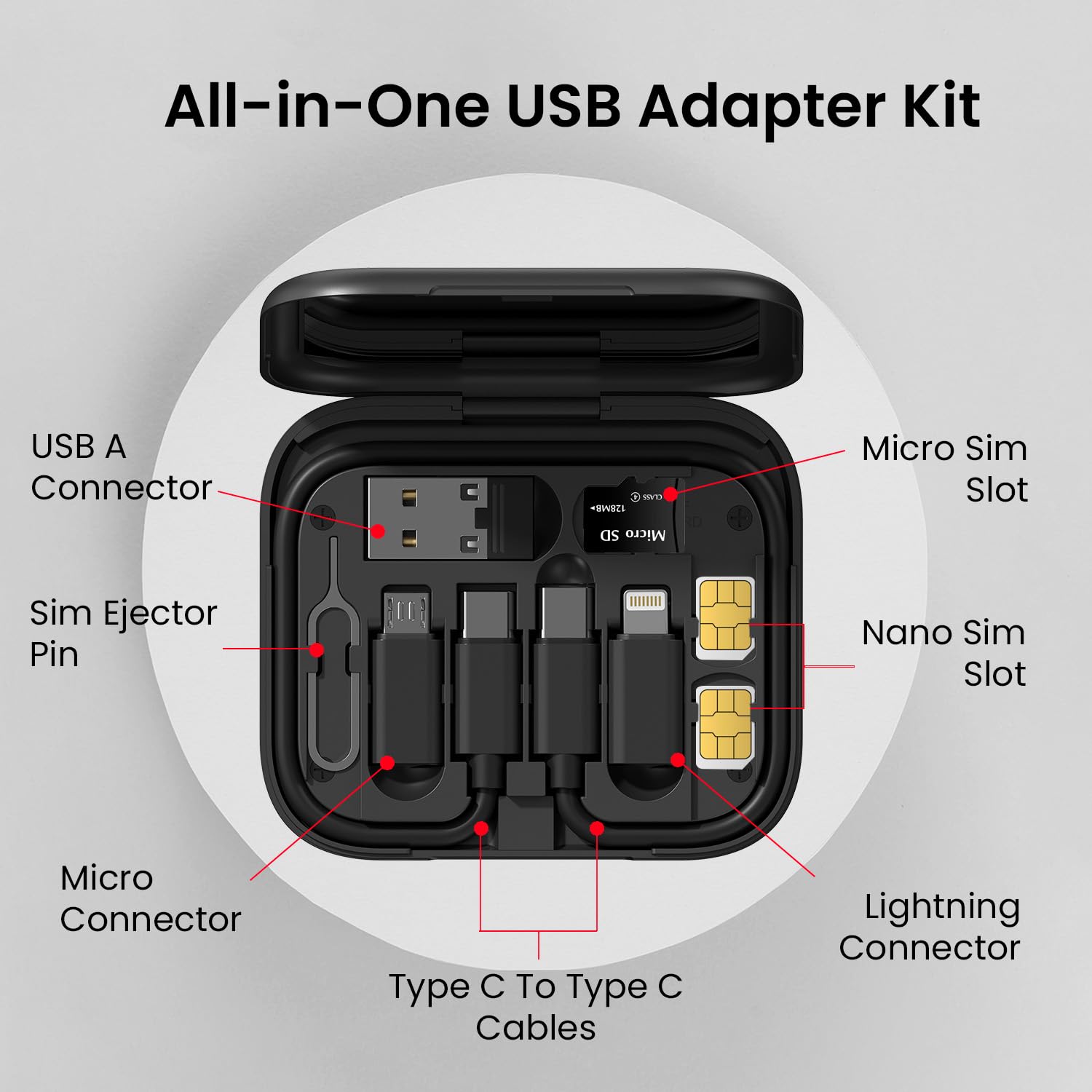 Portronics Snapcase 60W Multifunctional Fast Charging Data Cable Kit, Conversion Set USB A & Type C to Male Micro/Type C/Lightning,Data Transfer,Sim Storage,Sim Eject Pin,Pocket Mirror,Phone Holder
