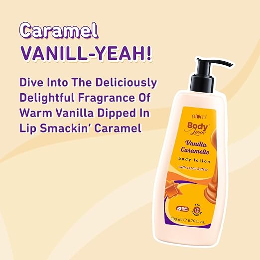Plum BodyLovin' Vanilla Caramello Body Lotion | Cocoa Butter & Vitamin B5 for Deep Moisturization | Non-Greasy | Soft & Glowing Skin | for Dry to Very Dry Skin | Warm & Cozy Vanilla Fragrance – 200ml