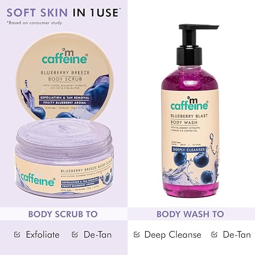 mCaffeine Blueberry Blast Detan & Cleanse Duo for Glowing Skin| Deep Cleanses, Exfoliates, Nourishes | Womens Day Gift Kit for Friends & Family Blueberry Body Wash - 300ml & Bluberry Scrub - 175 g | Fruity Blueberry Aroma for Men & Women