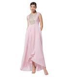 Miss Chase Women's Halter Neck Cap Sleeve Solid Pleated Embellished Georgette Maxi Dress with Pockets