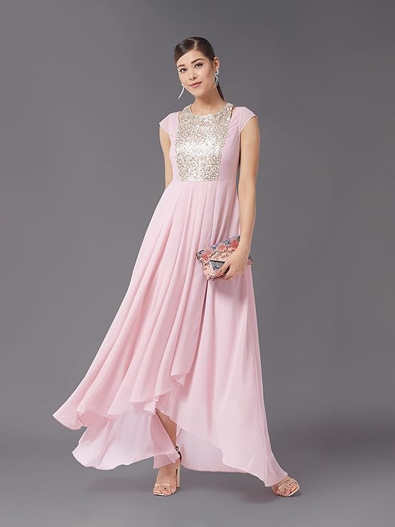 Miss Chase Women's Halter Neck Cap Sleeve Solid Pleated Embellished Georgette Maxi Dress with Pockets