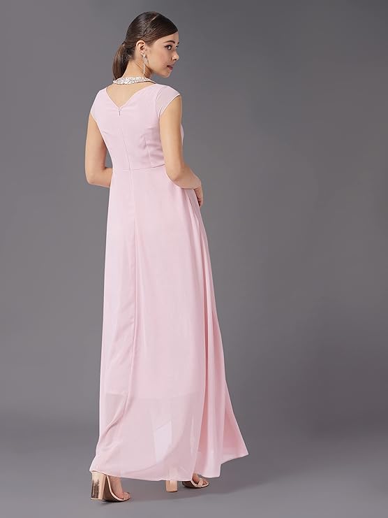 Miss Chase Women's Halter Neck Cap Sleeve Solid Pleated Embellished Georgette Maxi Dress with Pockets