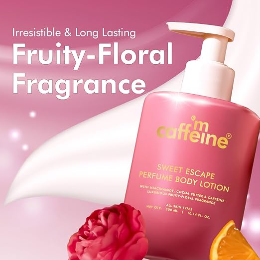 mCaffeine Sweet Escape Perfume Body Lotion, Niacinamide, Cocoa & Shea Butter, Deep Moisturization for Dry Skin, Lightweight, Non-Sticky & Daily Use, Fruity-Floral Fragrance, Unisex, 300ml