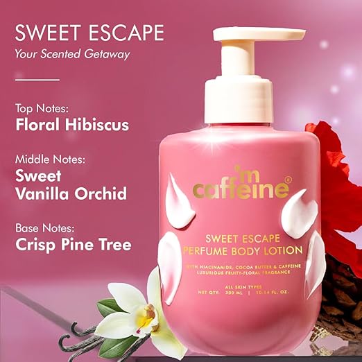 mCaffeine Sweet Escape Perfume Body Lotion, Niacinamide, Cocoa & Shea Butter, Deep Moisturization for Dry Skin, Lightweight, Non-Sticky & Daily Use, Fruity-Floral Fragrance, Unisex, 300ml
