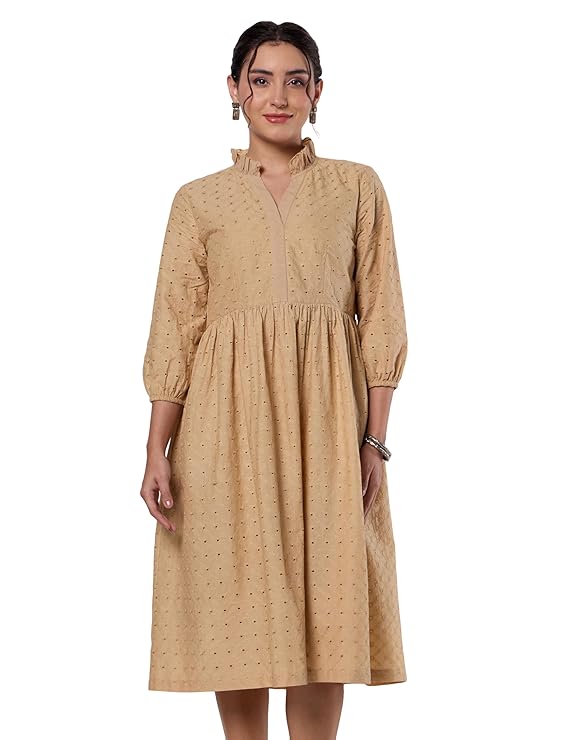 Myx Women's Schiffli Embroidery Ethnic Dress | Fit and Flare | Knee Length (Available in Plus Sizes)