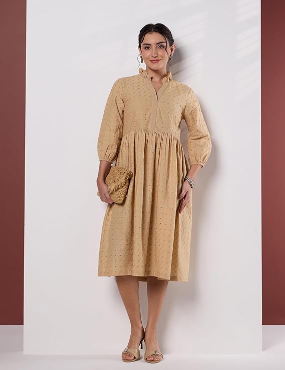 Myx Women's Schiffli Embroidery Ethnic Dress | Fit and Flare | Knee Length (Available in Plus Sizes)