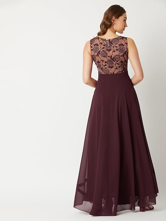 Miss Chase Women's Brick Red & Dusty Green Boat Neck Sleeveless Self Design Lace Overlaid Regular Dress