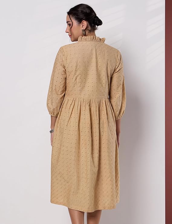 Myx Women's Schiffli Embroidery Ethnic Dress | Fit and Flare | Knee Length (Available in Plus Sizes)