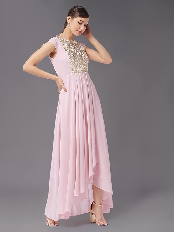 Miss Chase Women's Halter Neck Cap Sleeve Solid Pleated Embellished Georgette Maxi Dress with Pockets