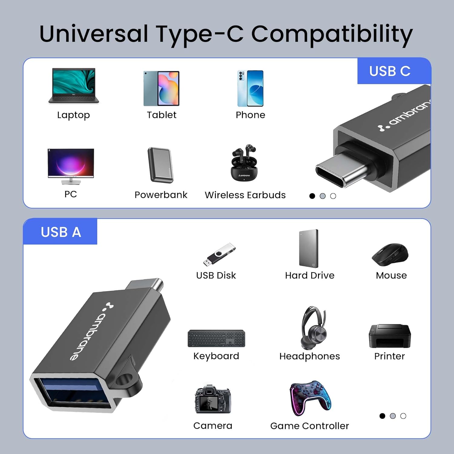 Ambrane USB 3.0 to Type C OTG Adapter, with Thunderbolt to USB to Adapter, 10Gbps High Speed Data Transfer, Compatible with for All Type C Devices Smartphone, Laptops, Tablets, Chargers, MacBook