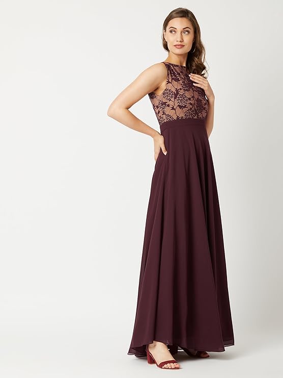 Miss Chase Women's Brick Red & Dusty Green Boat Neck Sleeveless Self Design Lace Overlaid Regular Dress