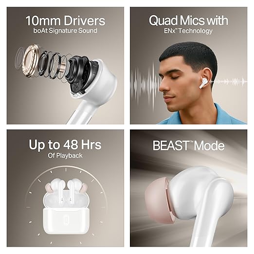 Boat Airdopes 141 Gen 2, 4 Mics ENx Tech, 48 Hrs Playback, Free Music Streaming, Fast Charge, Low Latency, IPX4, v5.4 Bluetooth Earbuds, TWS Ear Buds Wireless Earphones with mic (Active White)