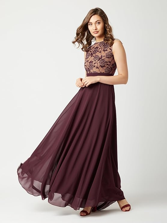 Miss Chase Women's Brick Red & Dusty Green Boat Neck Sleeveless Self Design Lace Overlaid Regular Dress