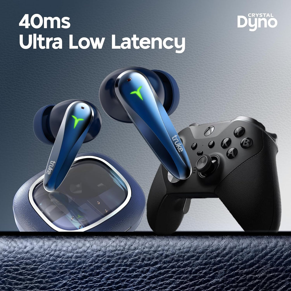 truke New Launch Crystal Dyno Leather Finish True Wireless in Ear Earbuds w/Spatial Audio, 70H Battery Rapid Charge Ear Buds, 13mm Driver HiFi Sound TWS, 40ms Ultra Low Latency, 4Mics ENC -ArcticBlue