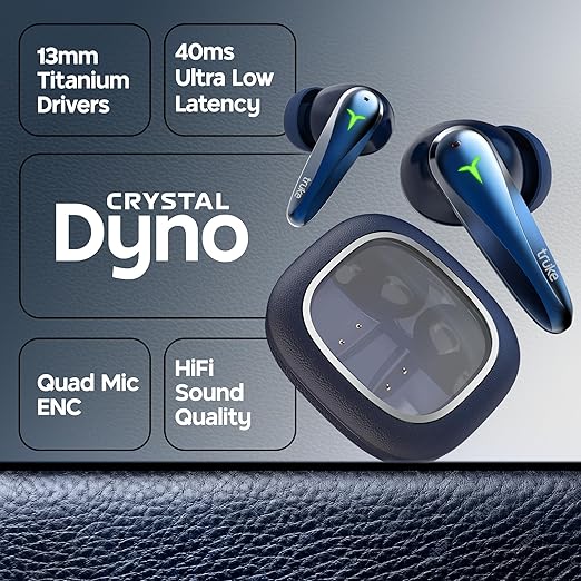 truke New Launch Crystal Dyno Leather Finish True Wireless in Ear Earbuds w/Spatial Audio, 70H Battery Rapid Charge Ear Buds, 13mm Driver HiFi Sound TWS, 40ms Ultra Low Latency, 4Mics ENC -ArcticBlue
