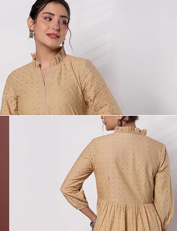 Myx Women's Schiffli Embroidery Ethnic Dress | Fit and Flare | Knee Length (Available in Plus Sizes)