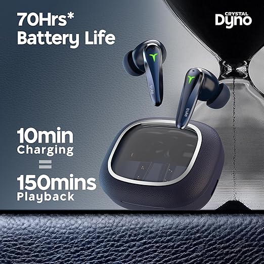 truke New Launch Crystal Dyno Leather Finish True Wireless in Ear Earbuds w/Spatial Audio, 70H Battery Rapid Charge Ear Buds, 13mm Driver HiFi Sound TWS, 40ms Ultra Low Latency, 4Mics ENC -ArcticBlue