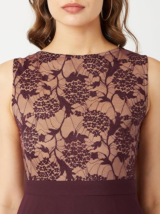 Miss Chase Women's Brick Red & Dusty Green Boat Neck Sleeveless Self Design Lace Overlaid Regular Dress